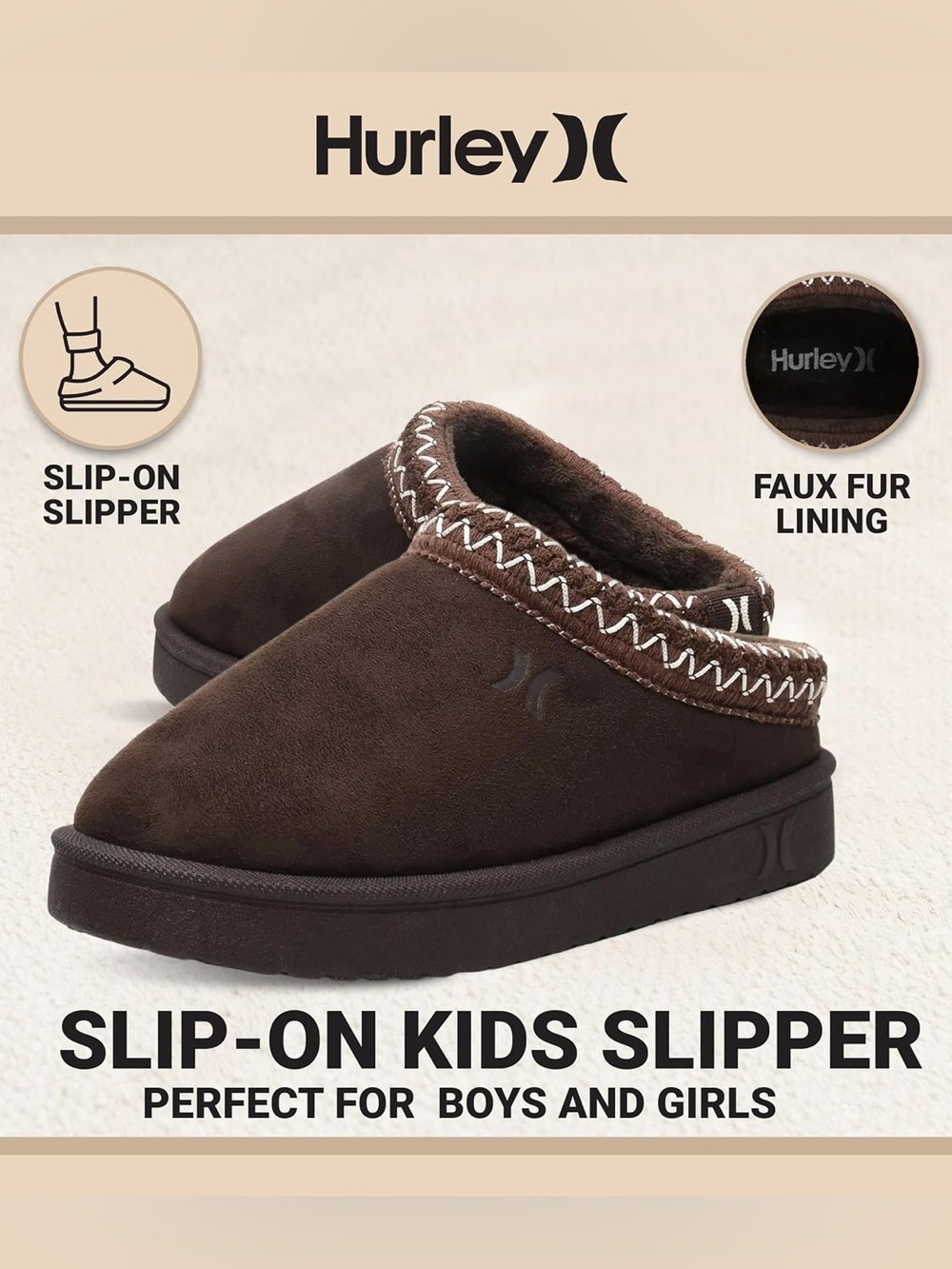 NWT Hurley Kids Modi Slippers in Chocolate Brown, Size 12C - Picture 3 of 8